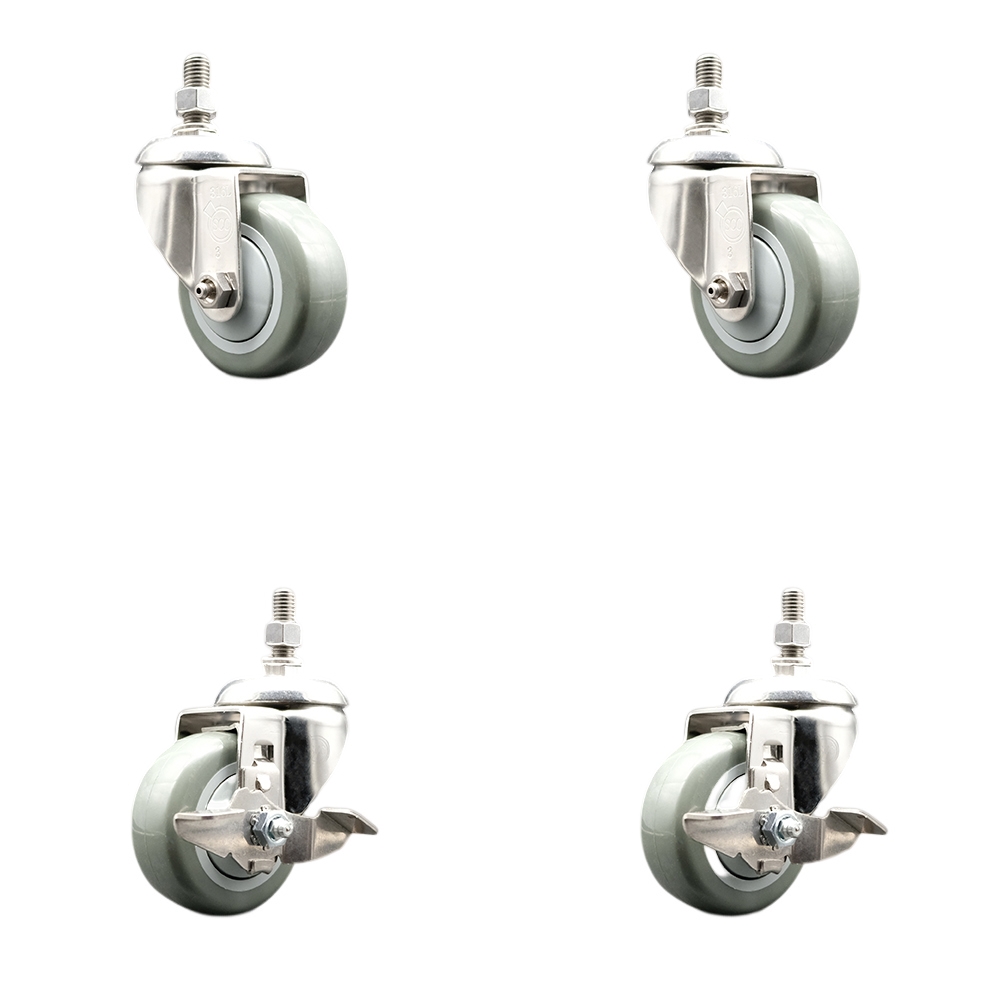 Poly Swivel Stem Caster Set of 4 with 3 Inch Gray Caster Wheels - 1/2" Threaded Stems - 316 Stainless Steel Casters - Includes 2 Swivel Casters with Top Lock Brakes and 2 Swivel -Service Caster Brand — photo 1