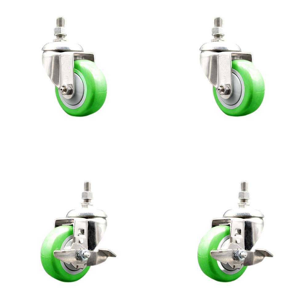 Poly Swivel Stem Caster Set of 4 with 3 Inch Green Caster Wheels - 1/2" Threaded Stems - 316 Stainless Steel Casters - Includes 2 Swivel Casters with Top Lock Brakes and 2 Swivel -Service Caster Brand — photo 1