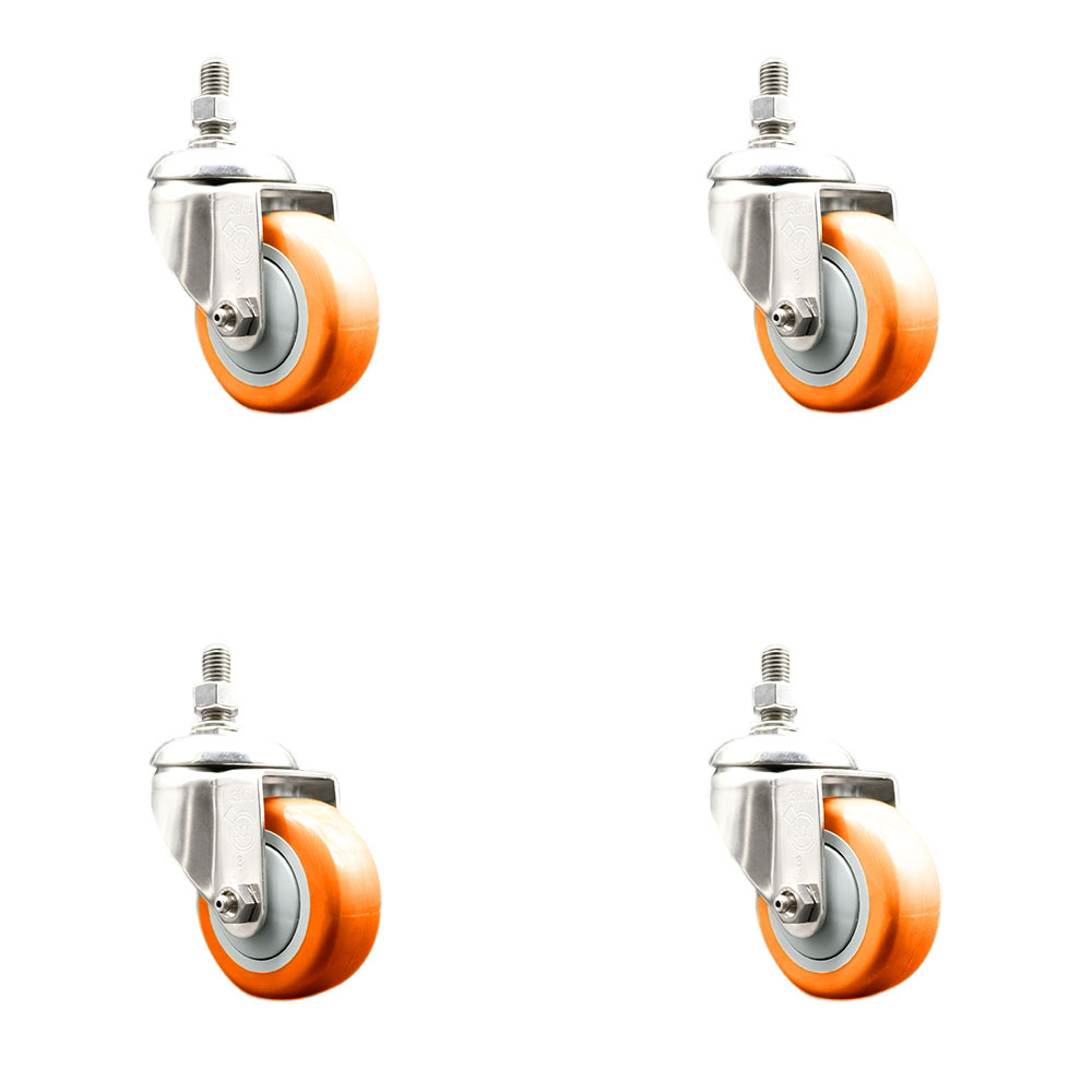 Polyurethane Swivel Stem Caster Set of 4 with 3.5 Inch Orange Caster Wheels - 1/2" Threaded Stems - 316 Stainless Steel Casters - Includes 4 Swivel Casters - Service Caster Brand — photo 1