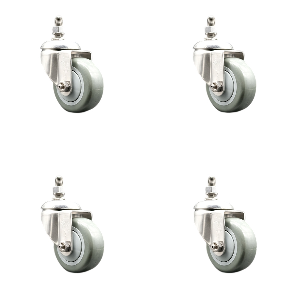Polyurethane Swivel Stem Caster Set of 4 with 3.5 Inch Gray Caster Wheels - 1/2" Threaded Stems - 316 Stainless Steel Casters - Includes 4 Swivel Casters - Service Caster Brand — photo 1
