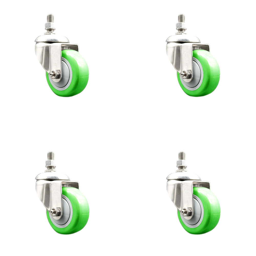 Polyurethane Swivel Stem Caster Set of 4 with 3 Inch Green Caster Wheels - 1/2" Threaded Stems - 316 Stainless Steel Casters - Includes 4 Swivel Casters - Service Caster Brand — photo 1