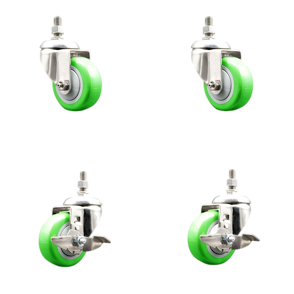 Poly Swivel Stem Caster Set of 4 with 3.5 Inch Green Caster Wheels - 3/8" Threaded Stems - 316 Stainless Steel Casters -Includes 2 Swivel Casters with Top Lock Brakes and 2 Swivel-Service Caster Brand — photo 1