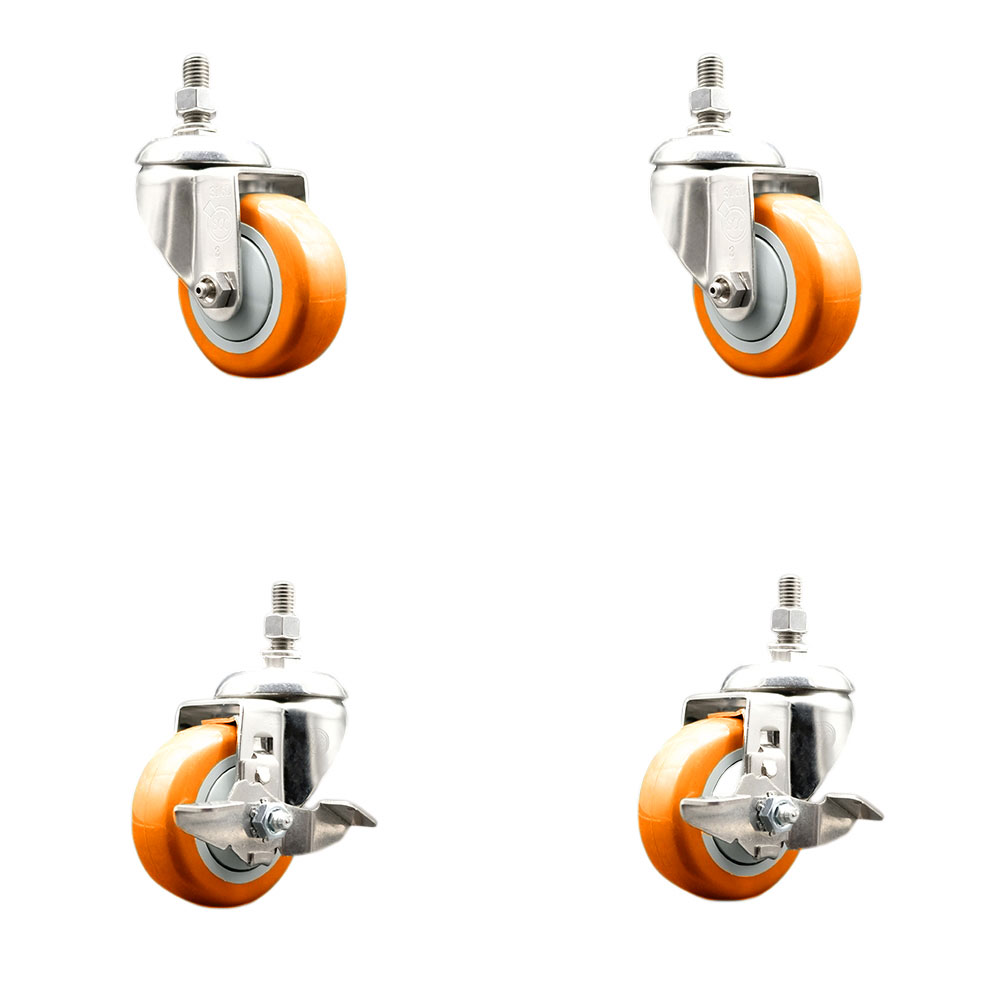 Poly Swivel Stem Caster Set of 4 with 3 Inch Orange Caster Wheels - 3/8" Threaded Stems - 316 Stainless Steel Casters - Includes 2 Swivel Casters with Top Lock Brakes and 2 Swivel-Service Caster Brand — photo 1