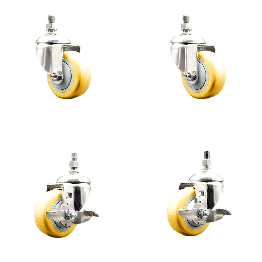 Poly Swivel Stem Caster Set of 4 with 3 Inch Yellow Caster Wheels - 3/8" Threaded Stems - 316 Stainless Steel Casters - Includes 2 Swivel Casters with Top Lock Brakes and 2 Swivel-Service Caster Brand — photo 1