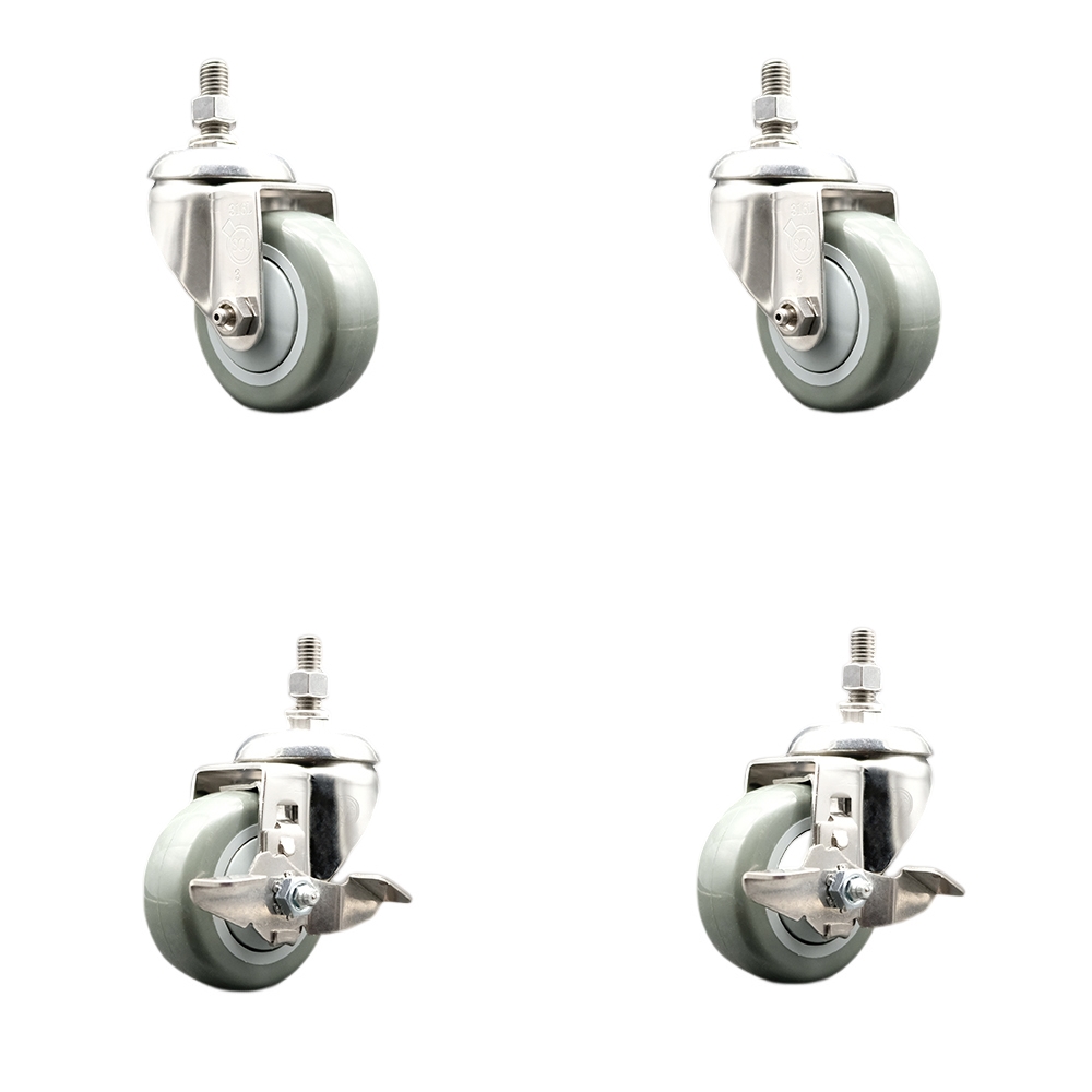 Poly Swivel Stem Caster Set of 4 with 3 Inch Gray Caster Wheels - 3/8" Threaded Stems - 316 Stainless Steel Casters - Includes 2 Swivel Casters with Top Lock Brakes and 2 Swivel -Service Caster Brand — photo 1