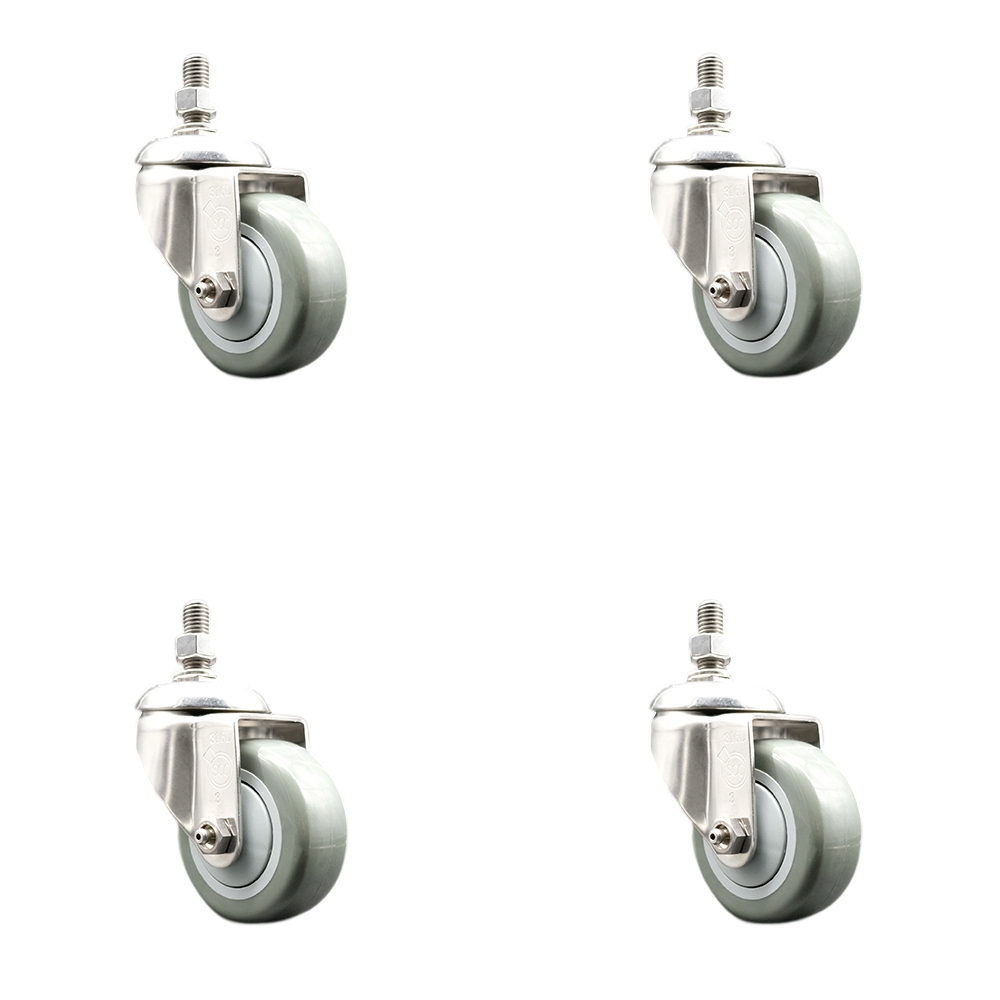 Polyurethane Swivel Stem Caster Set of 4 with 3.5 Inch Gray Caster Wheels - 3/8" Threaded Stems - 316 Stainless Steel Casters - Includes 4 Swivel Casters - Service Caster Brand — photo 1