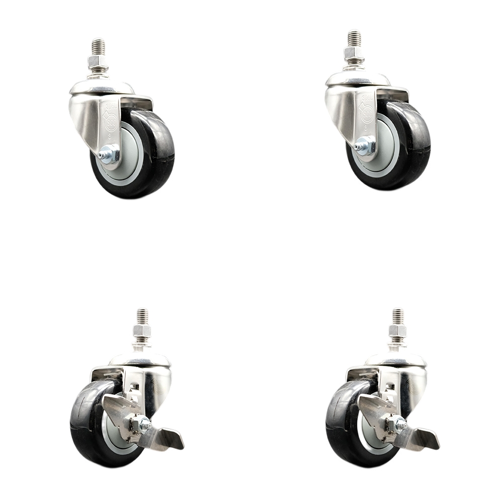 Poly Swivel Stem Caster Set of 4 with 3 Inch Black Caster Wheels - 1/2" Threaded Stems - 316 Stainless Steel Casters - Includes 2 Swivel Casters with Top Lock Brakes and 2 Swivel -Service Caster Brand — photo 1