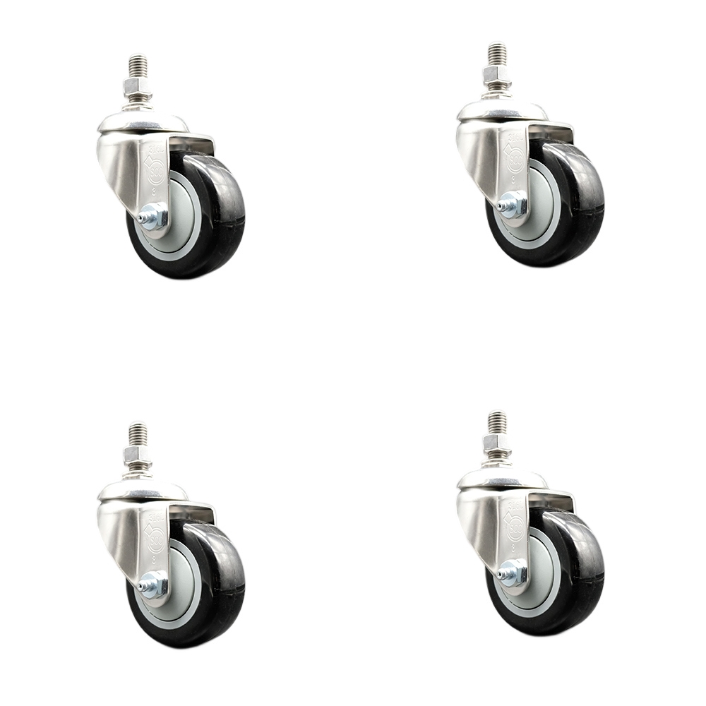 Polyurethane Swivel Stem Caster Set of 4 with 3.5 Inch Black Caster Wheels - 1/2" Threaded Stems - 316 Stainless Steel Casters - Includes 4 Swivel Casters - Service Caster Brand — photo 1