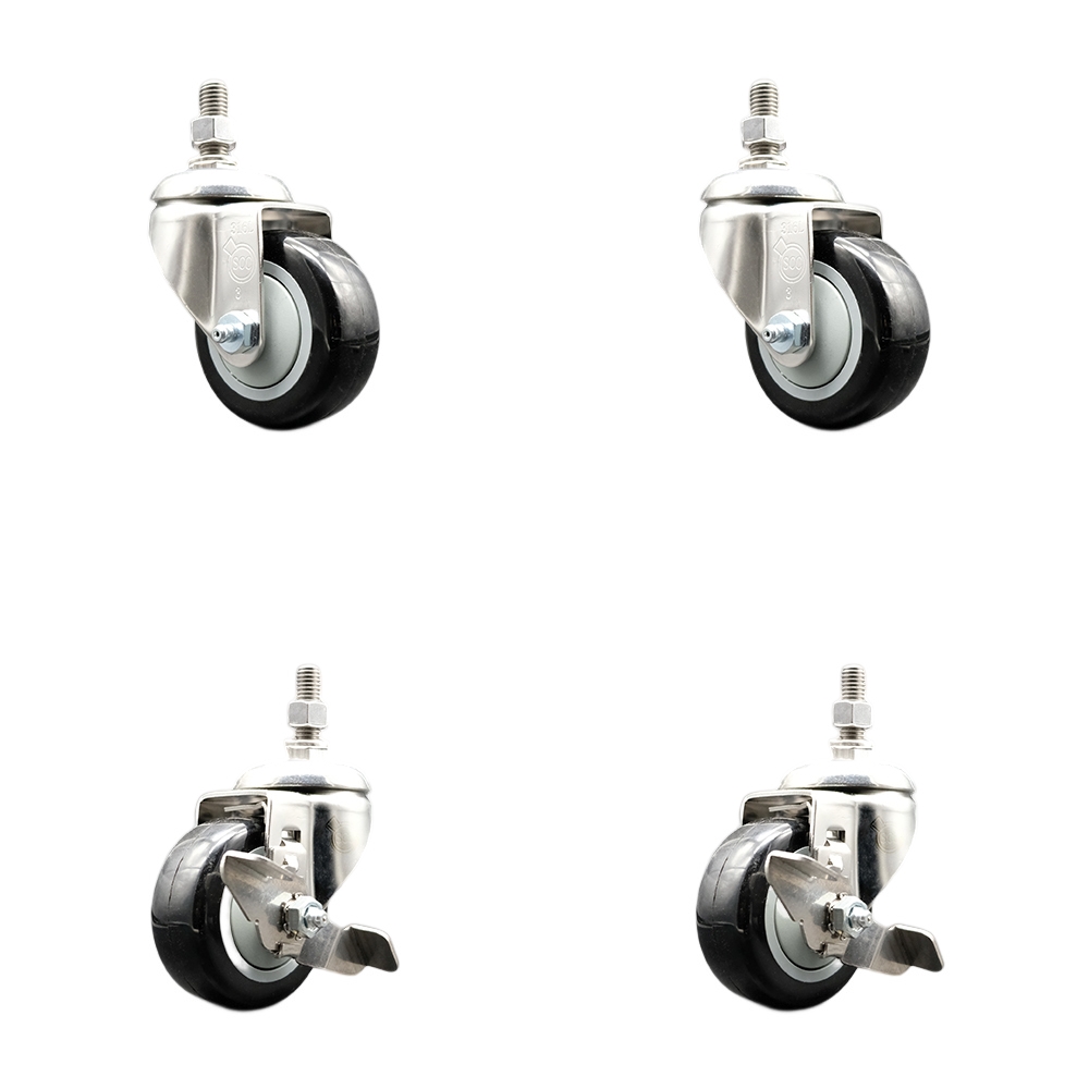 Poly Swivel Stem Caster Set of 4 with 3.5 Inch Black Caster Wheels - 3/8" Threaded Stems - 316 Stainless Steel Casters -Includes 2 Swivel Casters with Top Lock Brakes and 2 Swivel-Service Caster Brand — photo 1
