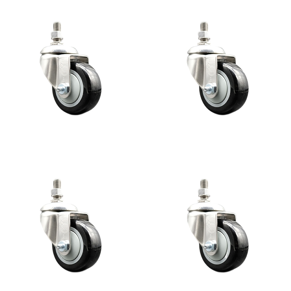 Polyurethane Swivel Stem Caster Set of 4 with 3.5 Inch Black Caster Wheels - 3/8" Threaded Stems - 316 Stainless Steel Casters - Includes 4 Swivel Casters - Service Caster Brand — photo 1