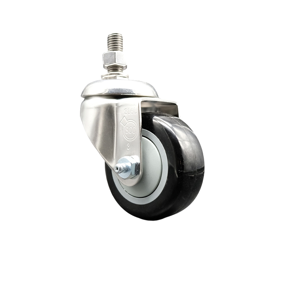 Polyurethane Swivel Stem Caster with 3.5 Inch Black Caster Wheel - 3/8" Threaded Stem - 316 Stainless Steel Caster - 300 lbs. Capacity Per Caster - Service Caster Brand — photo 1