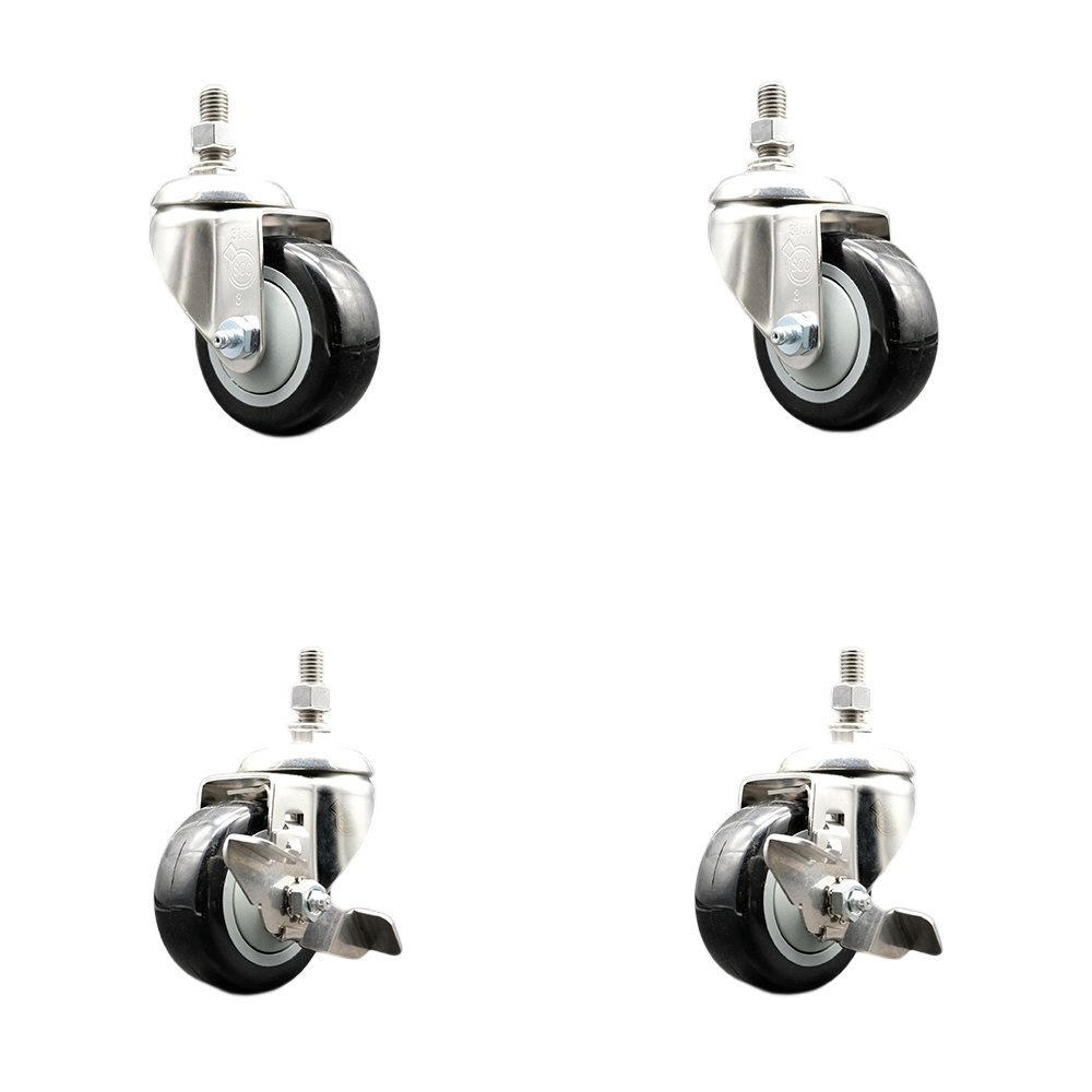 Poly Swivel Stem Caster Set of 4 with 3 Inch Black Caster Wheels-10mm Metric Threaded Stems-316 Stainless Steel Casters-Includes 2 Swivel Casters with Top Lock Brakes and 2 Swivel-Service Caster Brand — photo 1