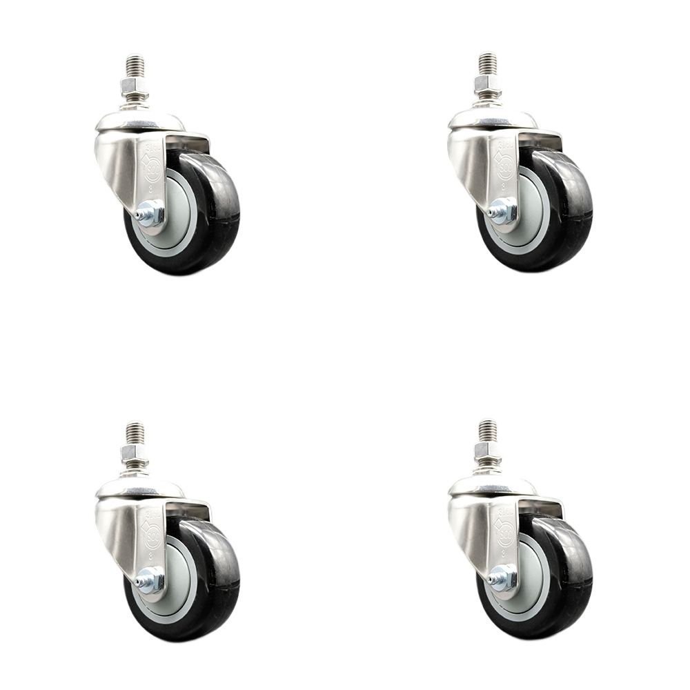 Polyurethane Swivel Stem Caster Set of 4 with 3.5 Inch Black Caster Wheels - 10mm Metric Threaded Stems - 316 Stainless Steel Casters - Includes 4 Swivel Casters - Service Caster Brand — photo 1