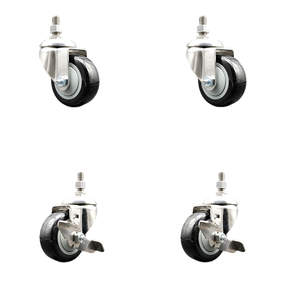 Poly Swivel Stem Caster Set of 4 with 3.5 Inch Black Caster Wheels-12mm Metric Threaded Stems-316 Stainless Steel Casters-Include 2 Swivel Casters with Top Lock Brake and 2 Swivel-Service Caster Brand — photo 1