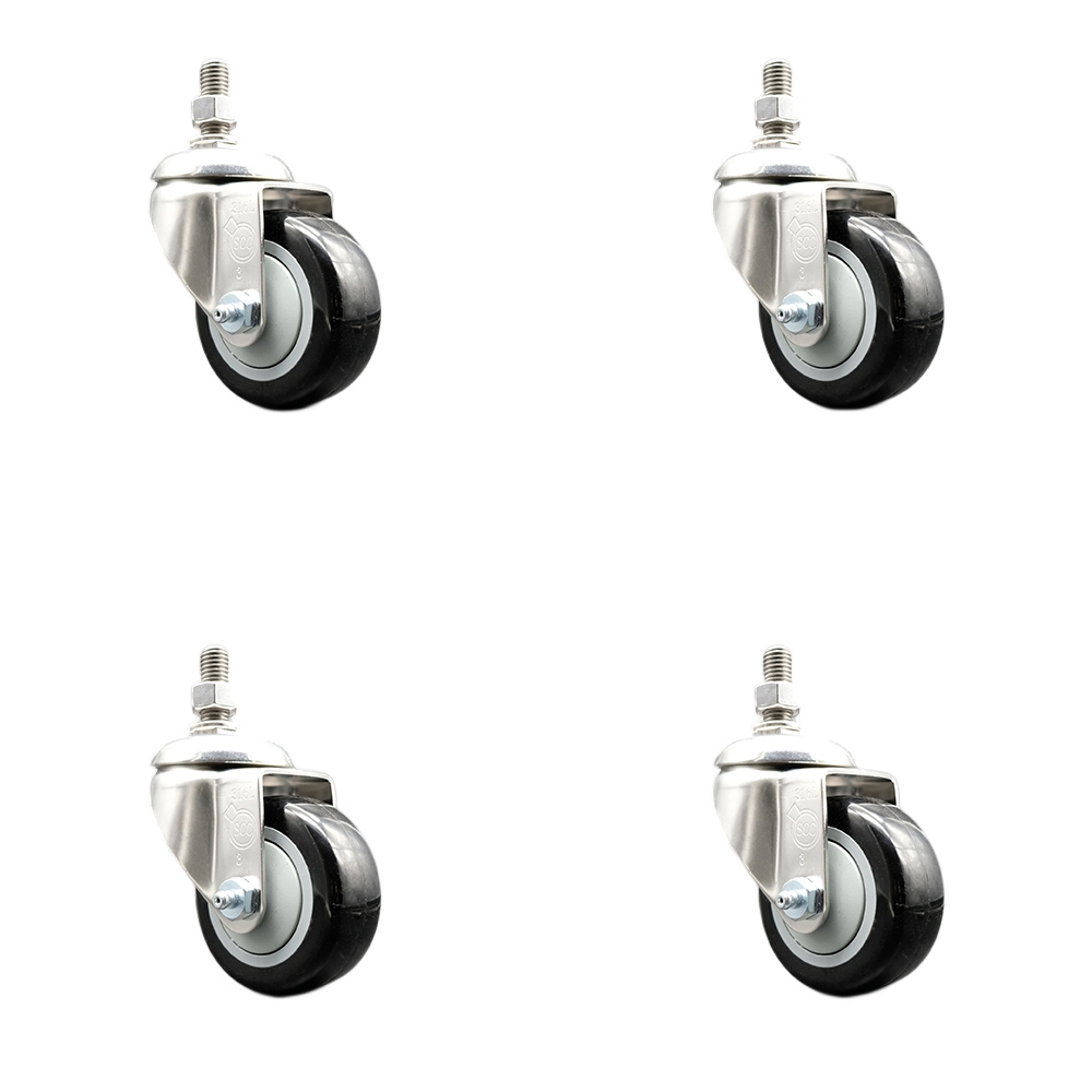 Polyurethane Swivel Stem Caster Set of 4 with 3.5 Inch Black Caster Wheels - 12mm Metric Threaded Stems - 316 Stainless Steel Casters - Includes 4 Swivel Casters - Service Caster Brand — photo 1