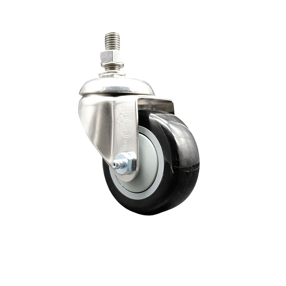 Polyurethane Swivel Stem Caster with 3.5 Inch Black Caster Wheel - 12mm Metric Threaded Stem - 316 Stainless Steel Caster - 300 lbs. Capacity Per Caster - Service Caster Brand — photo 1