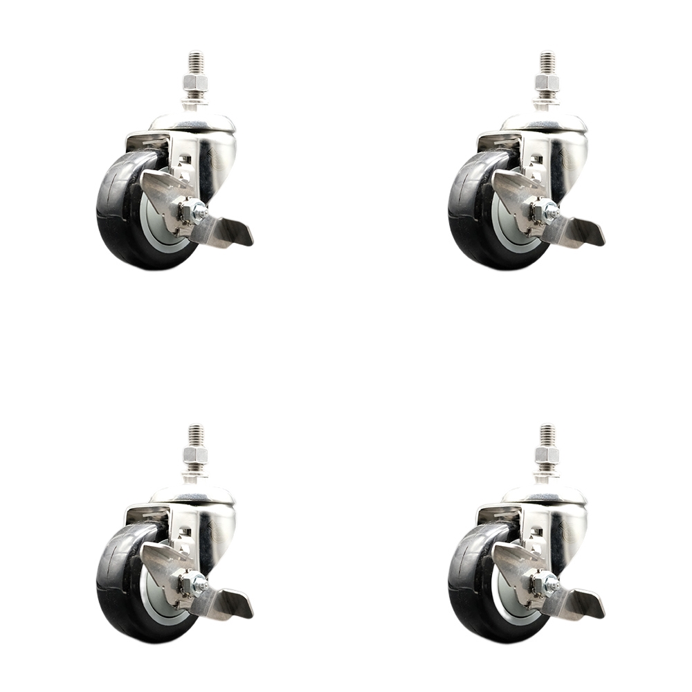 Polyurethane Swivel Stem Caster Set of 4 with 3 Inch Black Caster Wheels - 1/2" Threaded Stems - 316 Stainless Steel Casters - Includes 4 Swivel Casters with Top Lock Brakes - Service Caster Brand — photo 1