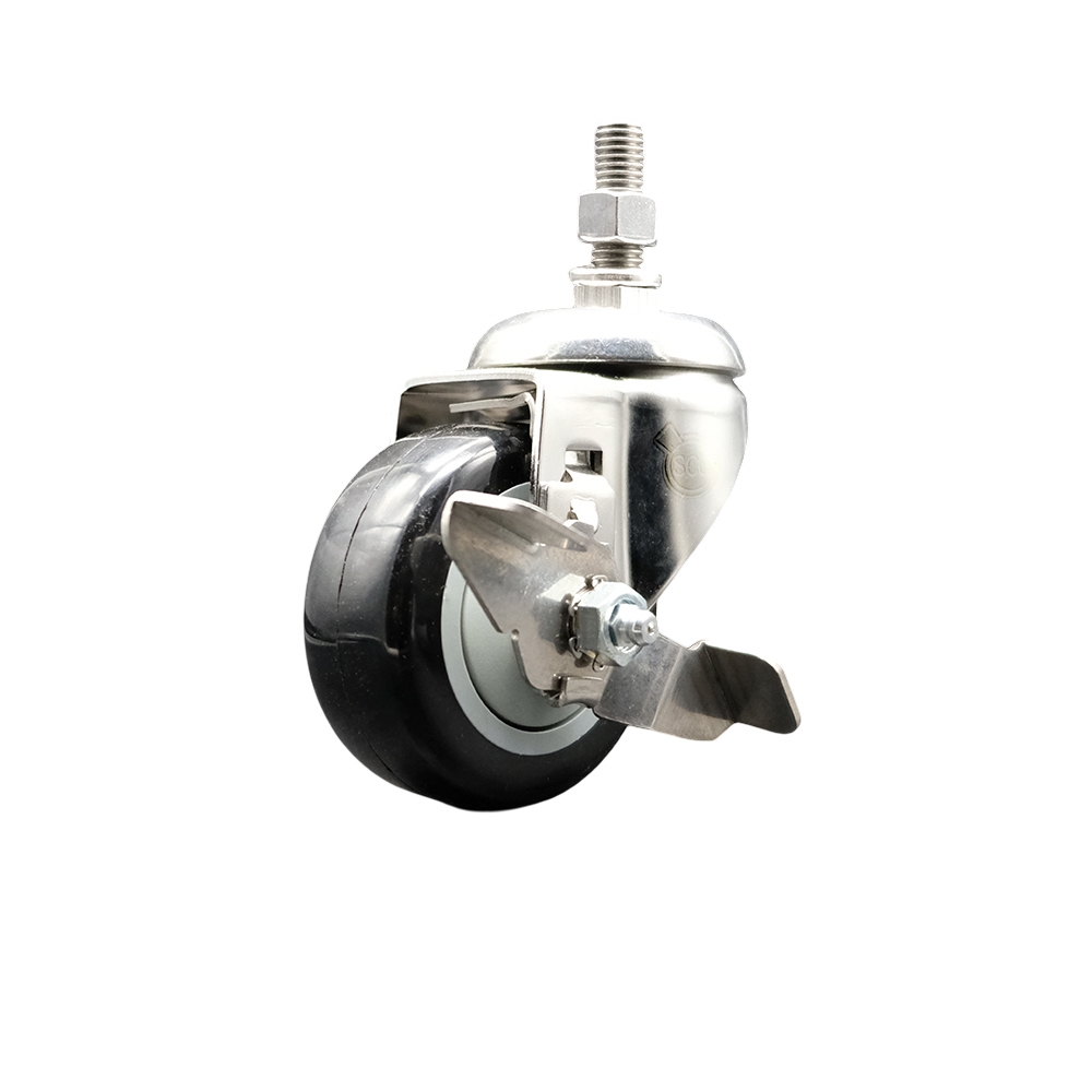 Polyurethane Swivel Stem Caster with 3 Inch Black Caster Wheel and Top Lock Brake - 1/2" Threaded Stem - 316 Stainless Steel Caster - 300 lbs. Capacity Per Caster - Service Caster Brand — photo 1
