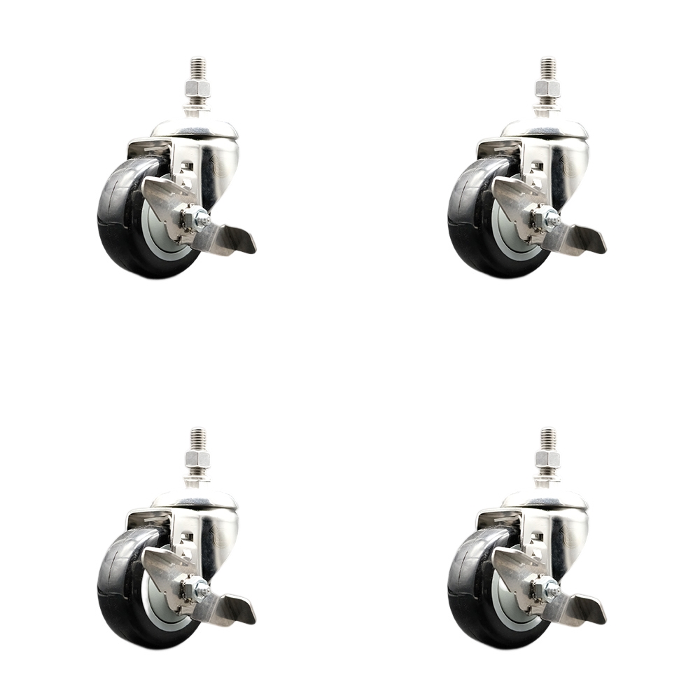 Polyurethane Swivel Stem Caster Set of 4 with 3 Inch Black Caster Wheels - 3/8" Threaded Stems - 316 Stainless Steel Casters - Includes 4 Swivel Casters with Top Lock Brakes - Service Caster Brand — photo 1