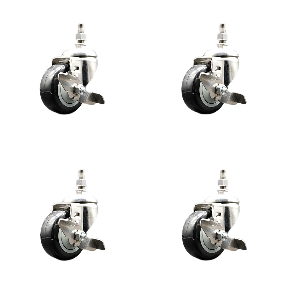 Polyurethane Swivel Stem Caster Set of 4 with 3.5 Inch Black Caster Wheels - 10mm Metric Threaded Stems -316 Stainless Steel Casters-Includes 4 Swivel Casters with Top Lock Brakes-Service Caster Brand — photo 1