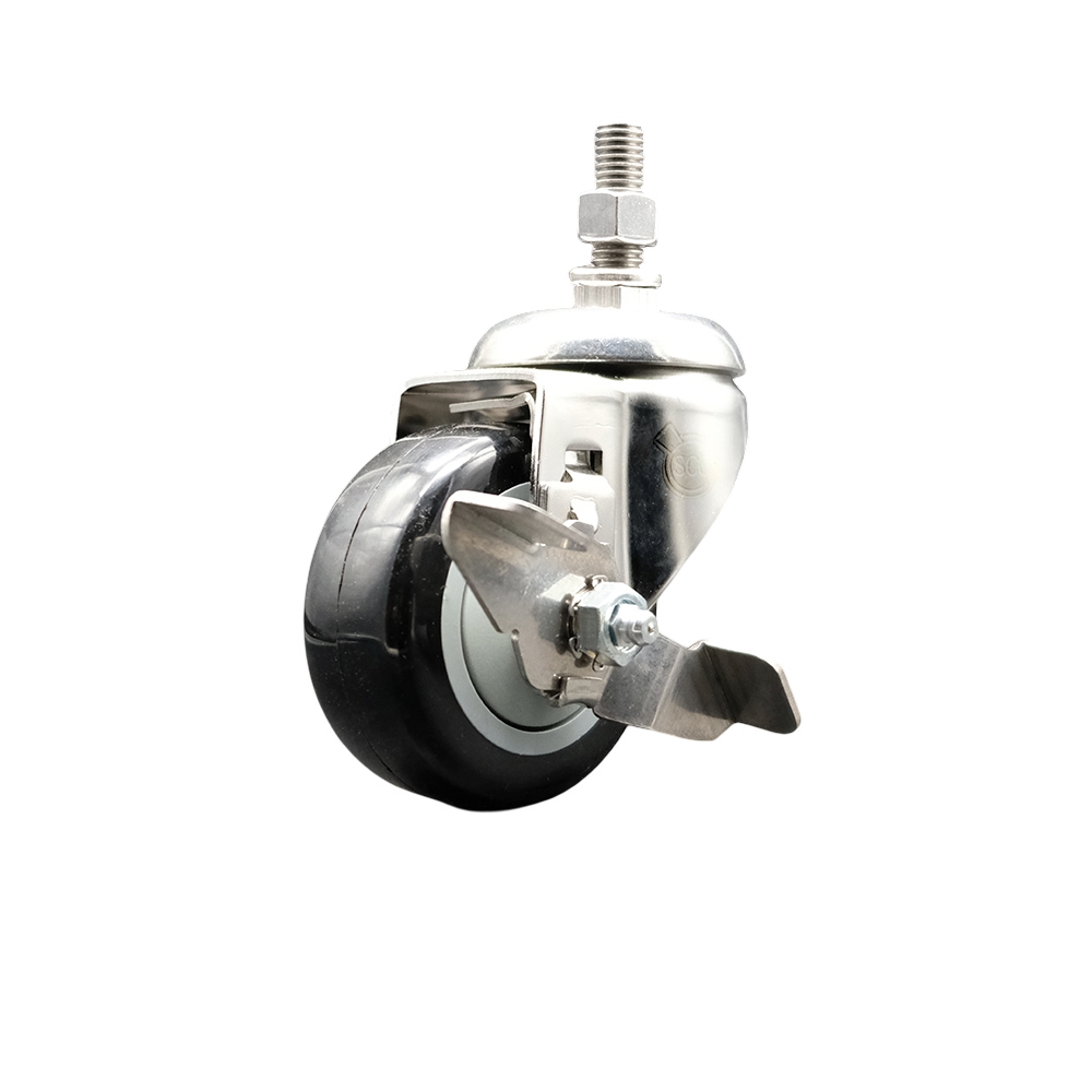 Polyurethane Swivel Stem Caster with 3.5 Inch Black Caster Wheel and Top Lock Brake - 10mm Metric Threaded Stem - 316 Stainless Steel Caster - 300 lbs. Capacity Per Caster - Service Caster Brand — photo 1