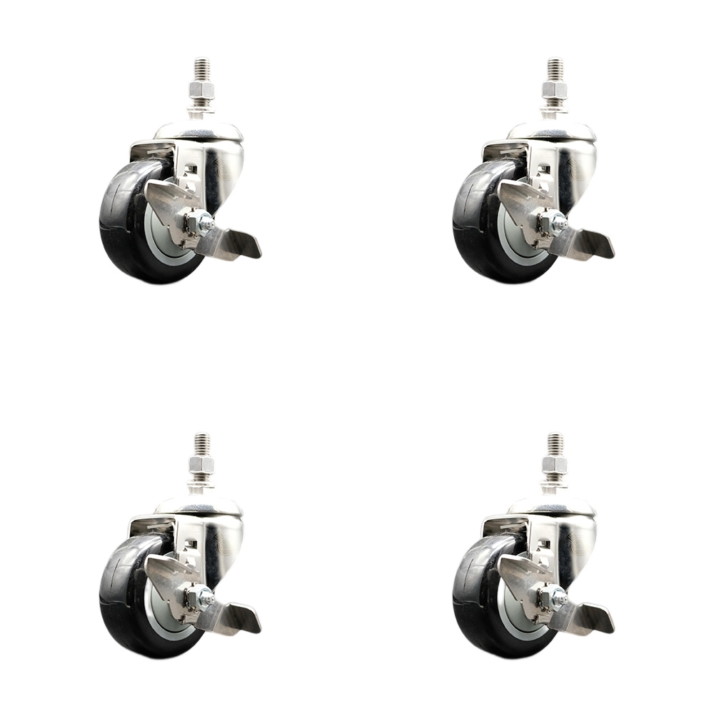 Polyurethane Swivel Stem Caster Set of 4 with 3.5 Inch Black Caster Wheels - 12mm Metric Threaded Stems -316 Stainless Steel Casters-Includes 4 Swivel Casters with Top Lock Brakes-Service Caster Brand — photo 1
