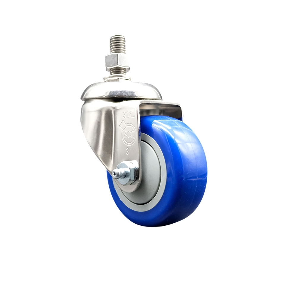 Polyurethane Swivel Stem Caster with 3.5 Inch Blue Caster Wheel - 3/8" Threaded Stem - 316 Stainless Steel Caster - 300 lbs. Capacity Per Caster - Service Caster Brand — photo 1