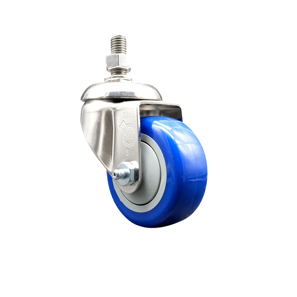 Polyurethane Swivel Stem Caster with 3.5 Inch Blue Caster Wheel - 10mm Metric Threaded Stem - 316 Stainless Steel Caster - 300 lbs. Capacity Per Caster - Service Caster Brand — photo 1