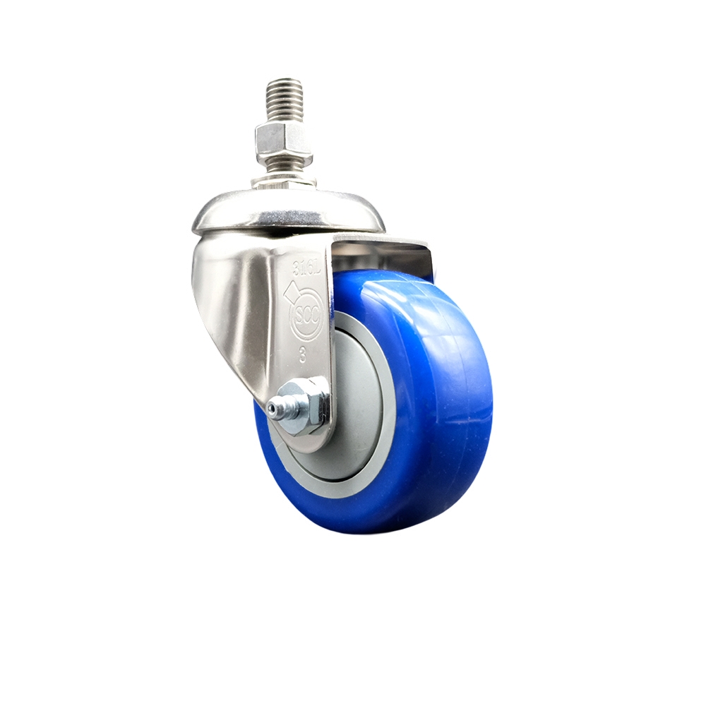 Polyurethane Swivel Stem Caster with 3.5 Inch Blue Caster Wheel - 12mm Metric Threaded Stem - 316 Stainless Steel Caster - 300 lbs. Capacity Per Caster - Service Caster Brand — photo 1