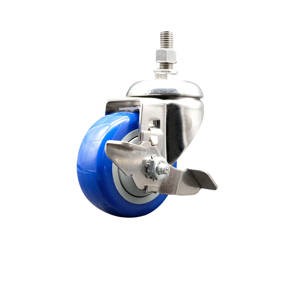 Polyurethane Swivel Stem Caster with 3.5 Inch Blue Caster Wheel and Top Lock Brake - 1/2" Threaded Stem - 316 Stainless Steel Caster - 300 lbs. Capacity Per Caster - Service Caster Brand — photo 1