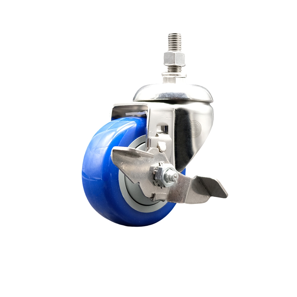 Polyurethane Swivel Stem Caster with 3 Inch Blue Caster Wheel and Top Lock Brake - 3/8" Threaded Stem - 316 Stainless Steel Caster - 300 lbs. Capacity Per Caster - Service Caster Brand — photo 1