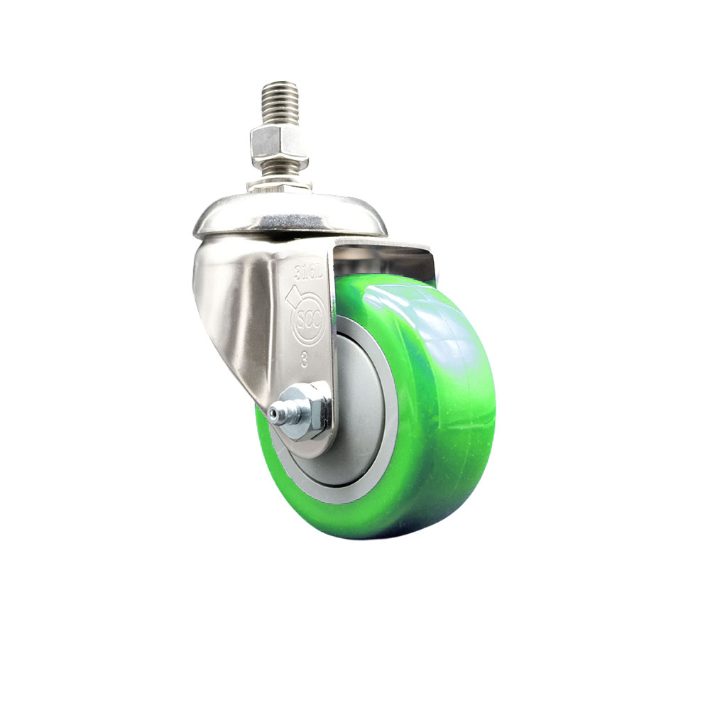 Polyurethane Swivel Stem Caster with 3 Inch Green Caster Wheel - 1/2" Threaded Stem - 316 Stainless Steel Caster - 300 lbs. Capacity Per Caster - Service Caster Brand — photo 1