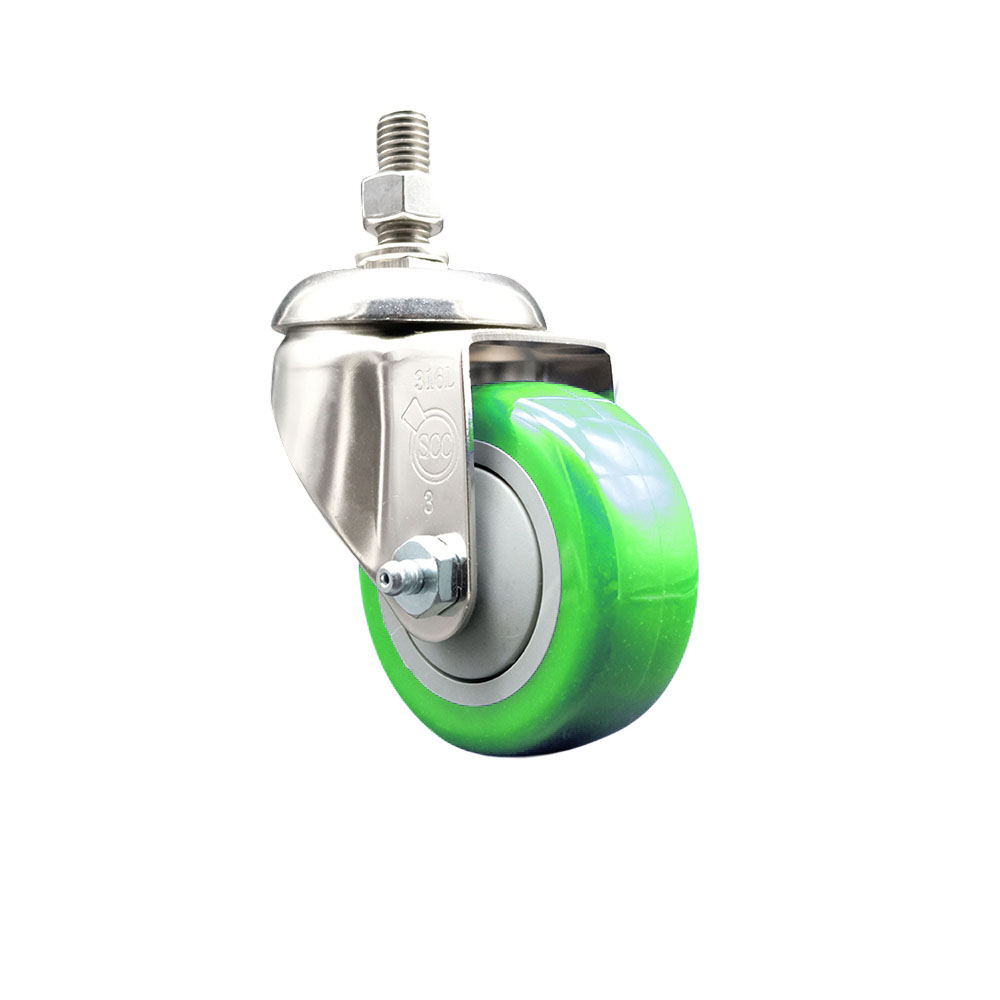Polyurethane Swivel Stem Caster with 3 Inch Green Caster Wheel - 12mm Metric Threaded Stem - 316 Stainless Steel Caster - 300 lbs. Capacity Per Caster - Service Caster Brand — photo 1