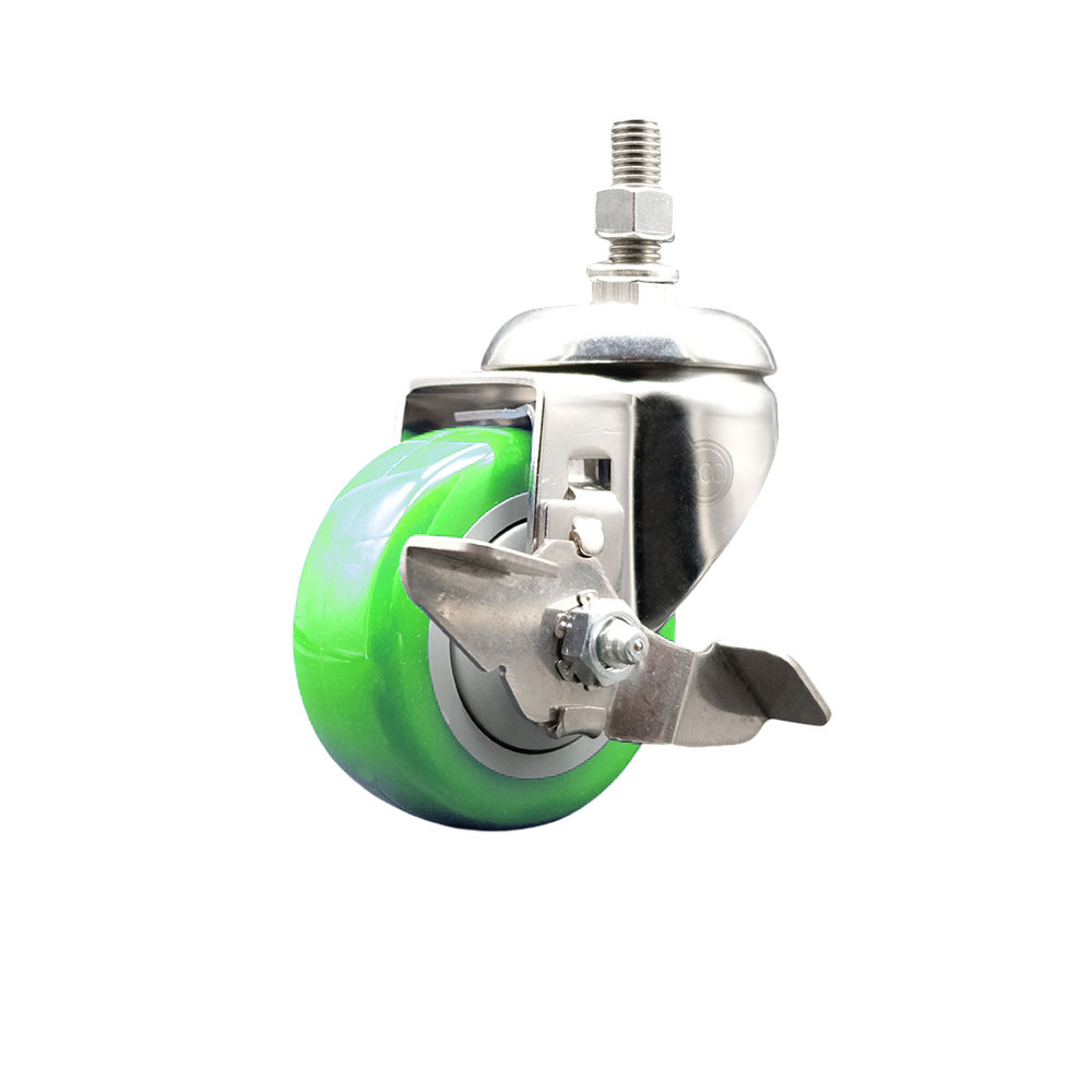 Polyurethane Swivel Stem Caster with 3 Inch Green Caster Wheel and Top Lock Brake - 1/2" Threaded Stem - 316 Stainless Steel Caster - 300 lbs. Capacity Per Caster - Service Caster Brand — photo 1