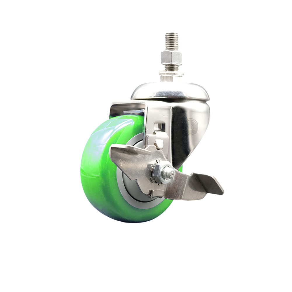 Polyurethane Swivel Stem Caster with 3 Inch Green Caster Wheel and Top Lock Brake - 3/8" Threaded Stem - 316 Stainless Steel Caster - 300 lbs. Capacity Per Caster - Service Caster Brand — photo 1