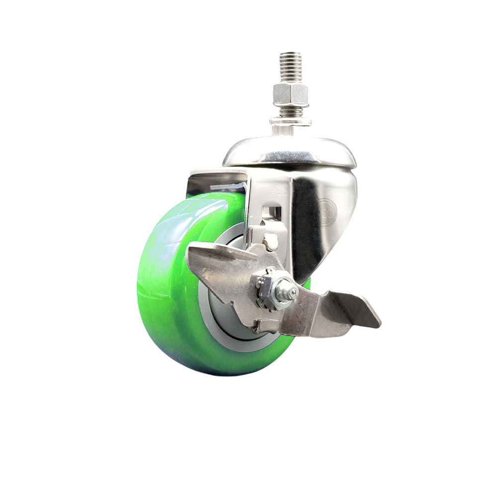 Polyurethane Swivel Stem Caster with 3 Inch Green Caster Wheel and Top Lock Brake - 12mm Metric Threaded Stem - 316 Stainless Steel Caster - 300 lbs. Capacity Per Caster - Service Caster Brand — photo 1