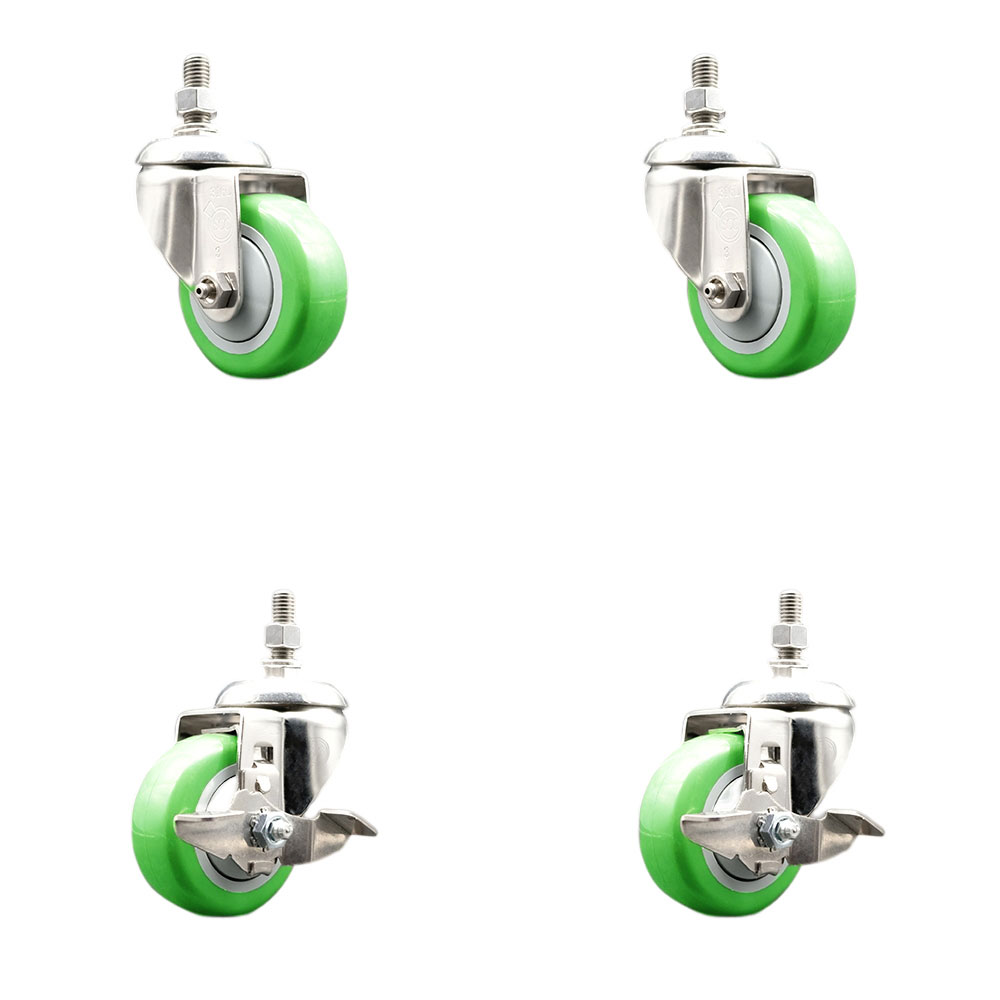 Poly Swivel Stem Caster Set of 4 with 3.5 Inch Green Caster Wheels-10mm Metric Threaded Stems-316 Stainless Steel Casters-Include 2 Swivel Casters with Top Lock Brake and 2 Swivel-Service Caster Brand — photo 1