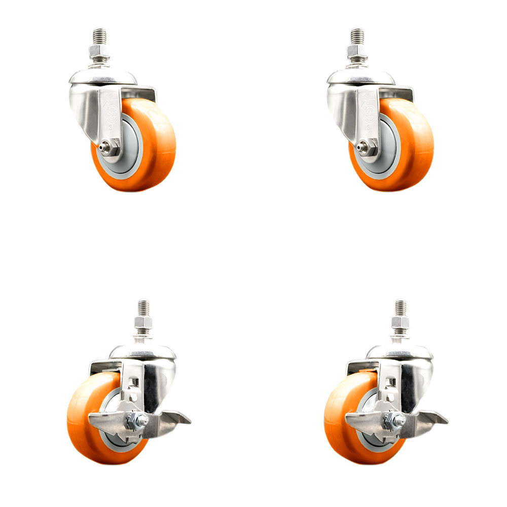 Poly Swivel Stem Caster Set of 4 with 3 Inch Orange Caster Wheels-10mm Metric Threaded Stems-316 Stainless Steel Casters-Includes 2 Swivel Casters with Top Lock Brake and 2 Swivel-Service Caster Brand — photo 1