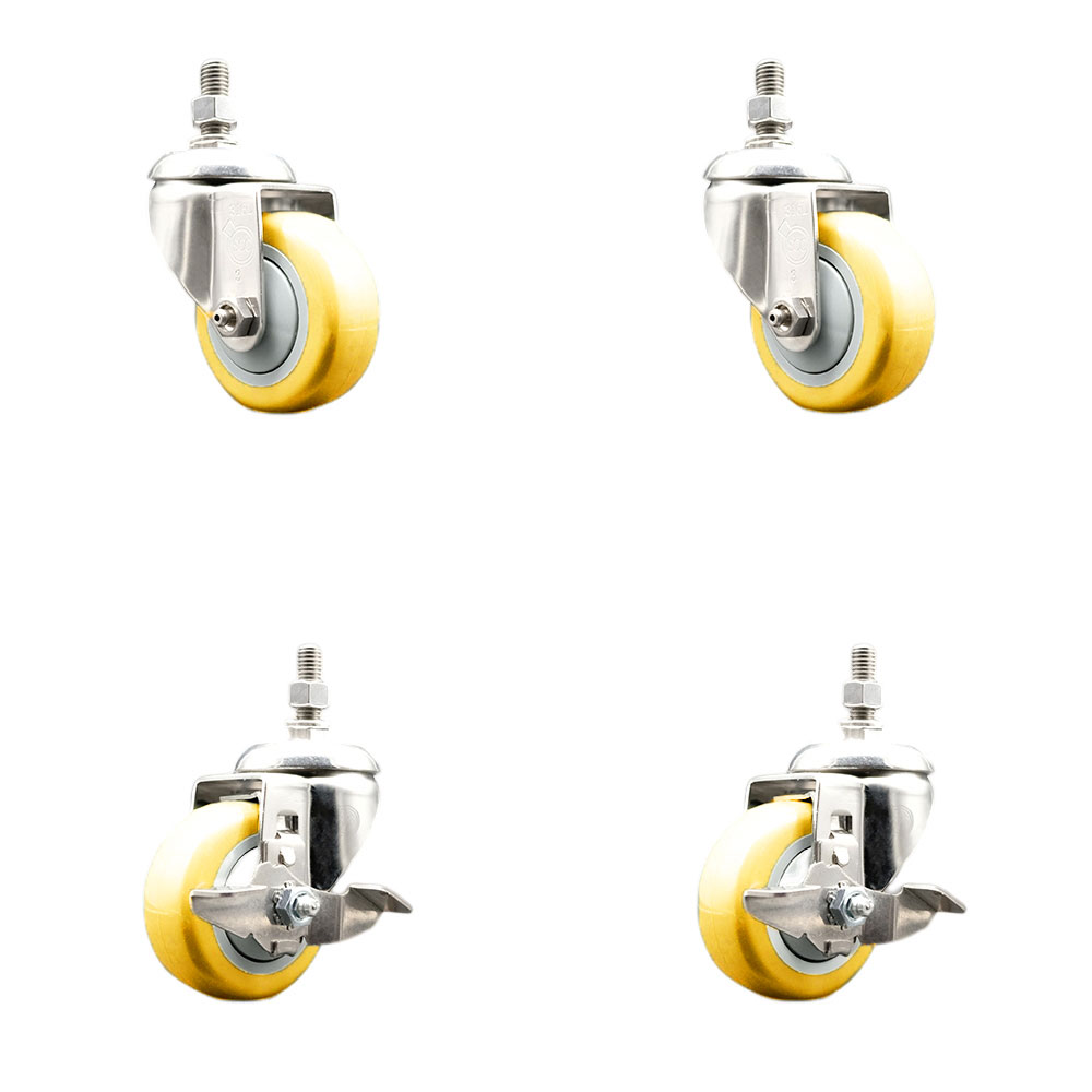 Poly Swivel Stem Caster Set of 4 with 3 Inch Yellow Caster Wheels-10mm Metric Threaded Stems-316 Stainless Steel Casters-Includes 2 Swivel Casters with Top Lock Brake and 2 Swivel-Service Caster Brand — photo 1