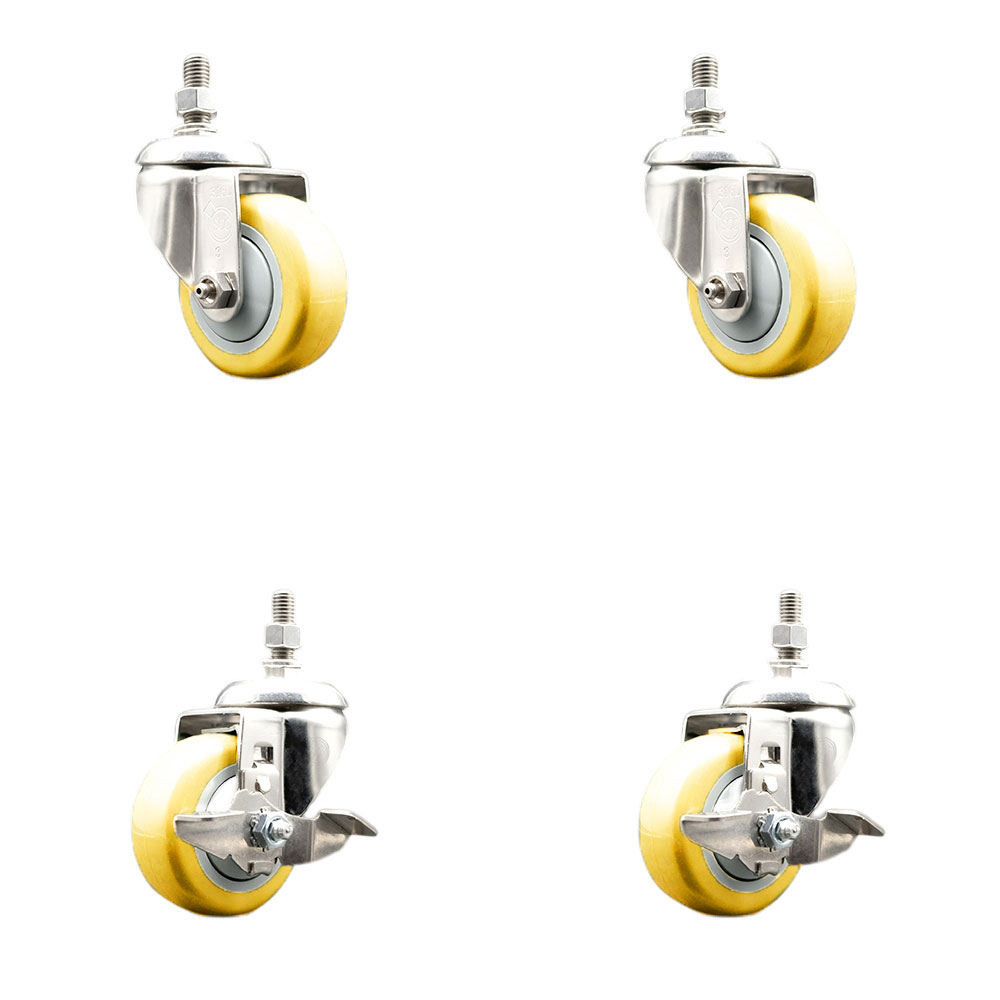 Poly Swivel Stem Caster Set of 4 with 3.5 Inch Yellow Caster Wheels-10mm Metric Threaded Stems-316 Stainless Steel Caster-Include 2 Swivel Casters with Top Lock Brake and 2 Swivel-Service Caster Brand — photo 1