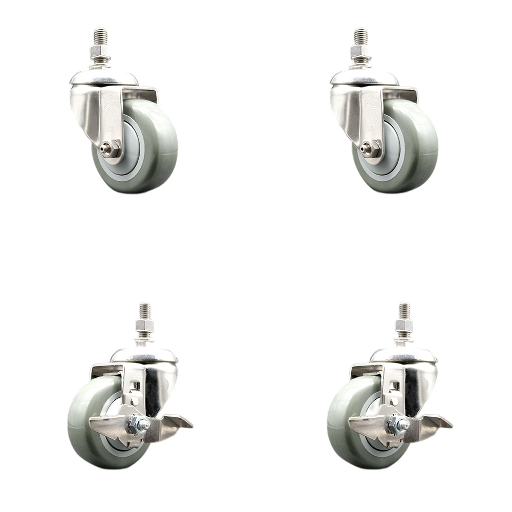 Poly Swivel Stem Caster Set of 4 with 3.5 Inch Gray Caster Wheels-10mm Metric Threaded Stems-316 Stainless Steel Casters-Include 2 Swivel Casters with Top Lock Brake and 2 Swivel-Service Caster Brand — photo 1