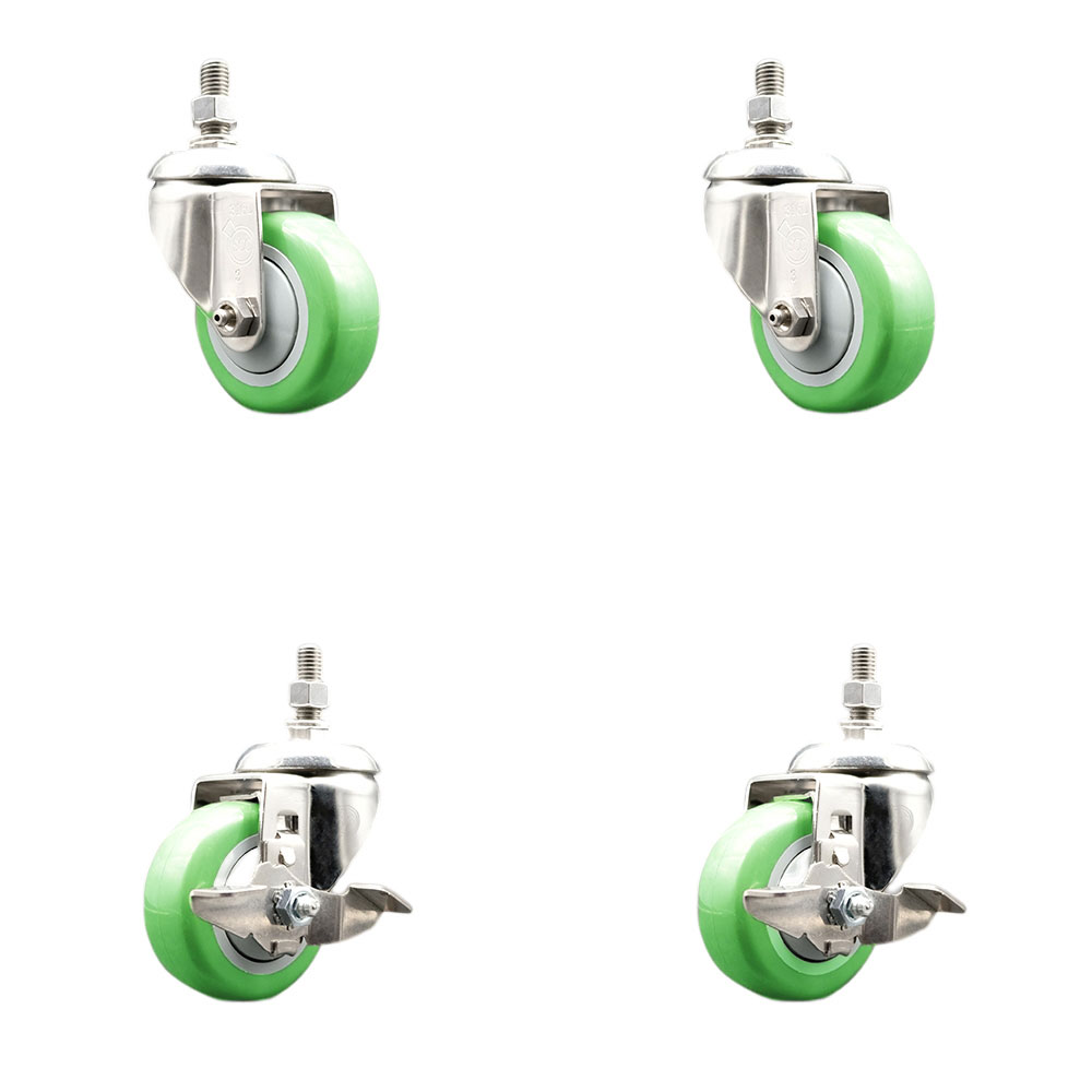 Poly Swivel Stem Caster Set of 4 with 3 Inch Green Caster Wheels-10mm Metric Threaded Stems-316 Stainless Steel Casters-Includes 2 Swivel Casters with Top Lock Brakes and 2 Swivel-Service Caster Brand — photo 1
