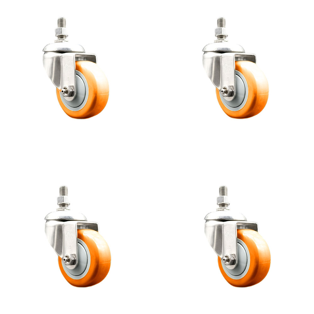 Polyurethane Swivel Stem Caster Set of 4 with 3.5 Inch Orange Caster Wheels - 10mm Metric Threaded Stems - 316 Stainless Steel Casters - Includes 4 Swivel Casters - Service Caster Brand — photo 1
