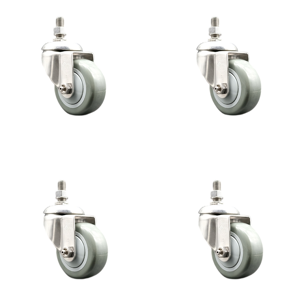 Polyurethane Swivel Stem Caster Set of 4 with 3.5 Inch Gray Caster Wheels - 10mm Metric Threaded Stems - 316 Stainless Steel Casters - Includes 4 Swivel Casters - Service Caster Brand — photo 1