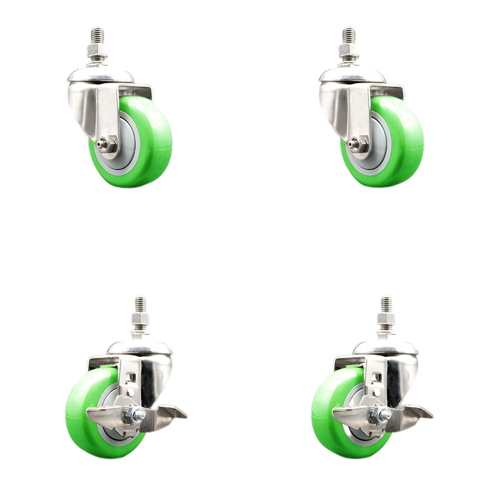 Poly Swivel Stem Caster Set of 4 with 3.5 Inch Green Caster Wheels-12mm Metric Threaded Stems-316 Stainless Steel Casters-Include 2 Swivel Casters with Top Lock Brake and 2 Swivel-Service Caster Brand — photo 1