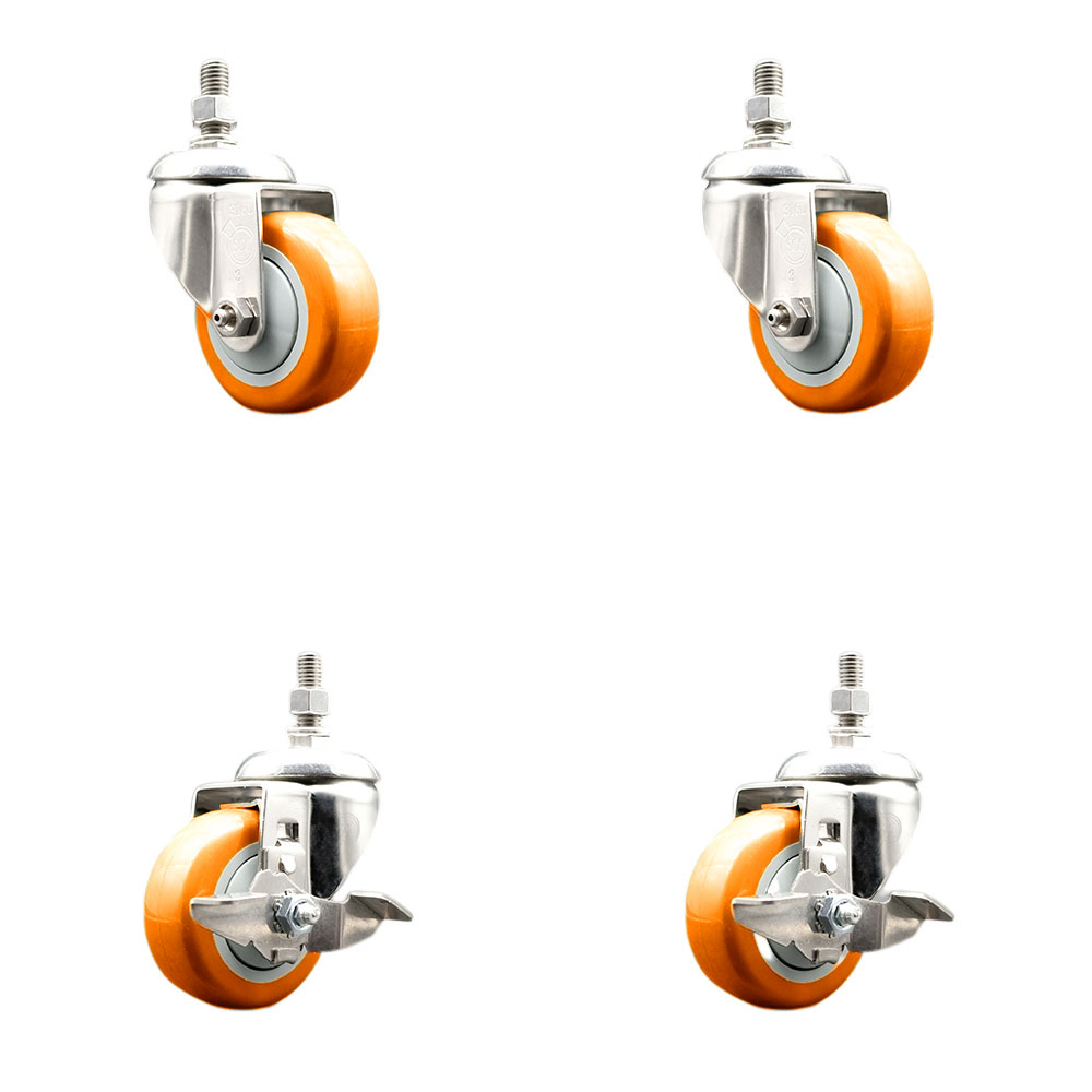 Poly Swivel Stem Caster Set of 4 with 3 Inch Orange Caster Wheels-12mm Metric Threaded Stems-316 Stainless Steel Casters-Includes 2 Swivel Casters with Top Lock Brake and 2 Swivel-Service Caster Brand — photo 1