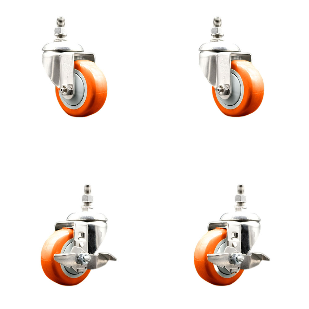 Poly Swivel Stem Caster Set of 4 with 3.5 Inch Orange Caster Wheels-12mm Metric Threaded Stems-316 Stainless Steel Caster-Include 2 Swivel Casters with Top Lock Brake and 2 Swivel-Service Caster Brand — photo 1