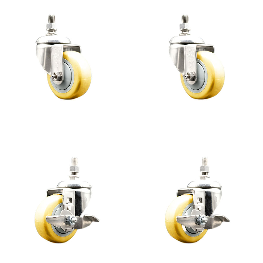 Poly Swivel Stem Caster Set of 4 with 3.5 Inch Yellow Caster Wheels-12mm Metric Threaded Stems-316 Stainless Steel Caster-Include 2 Swivel Casters with Top Lock Brake and 2 Swivel-Service Caster Brand — photo 1