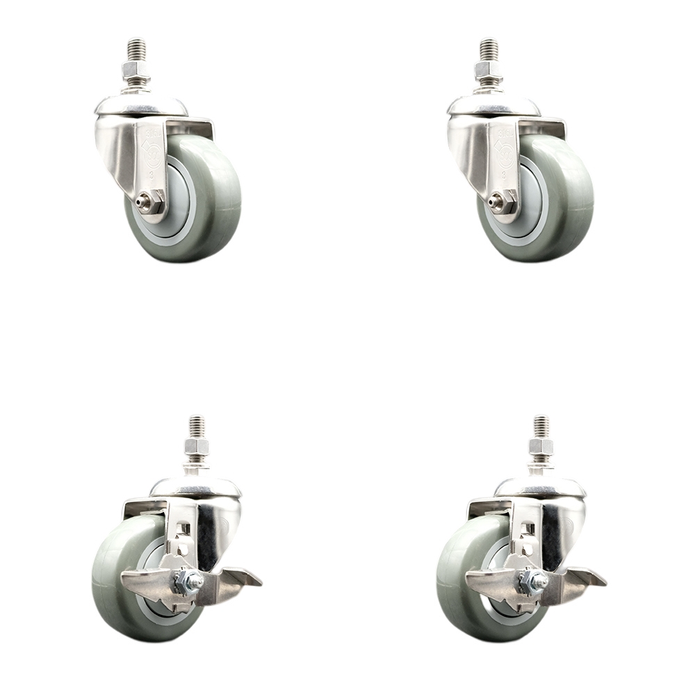 Poly Swivel Stem Caster Set of 4 with 3 Inch Gray Caster Wheels-12mm Metric Threaded Stems-316 Stainless Steel Casters-Includes 2 Swivel Casters with Top Lock Brakes and 2 Swivel-Service Caster Brand — photo 1