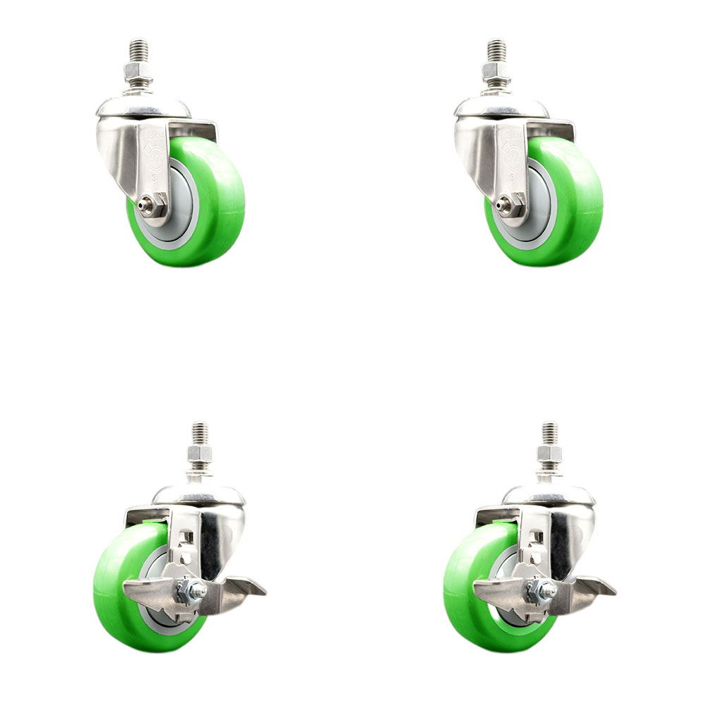 Poly Swivel Stem Caster Set of 4 with 3 Inch Green Caster Wheels-12mm Metric Threaded Stems-316 Stainless Steel Casters-Includes 2 Swivel Casters with Top Lock Brakes and 2 Swivel-Service Caster Brand — photo 1
